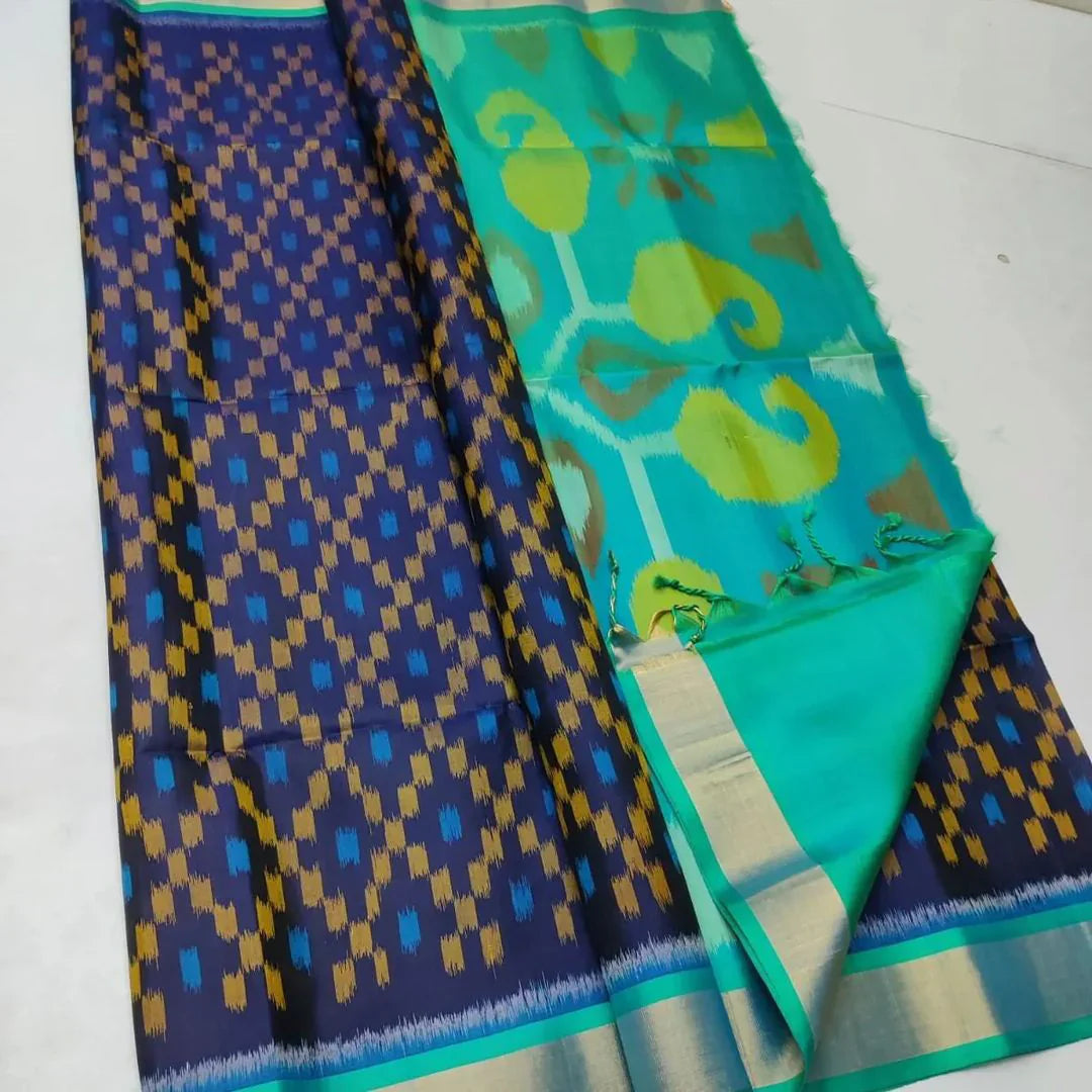 Blue ikkat Printed Handloom Soft Silk by Icultuer