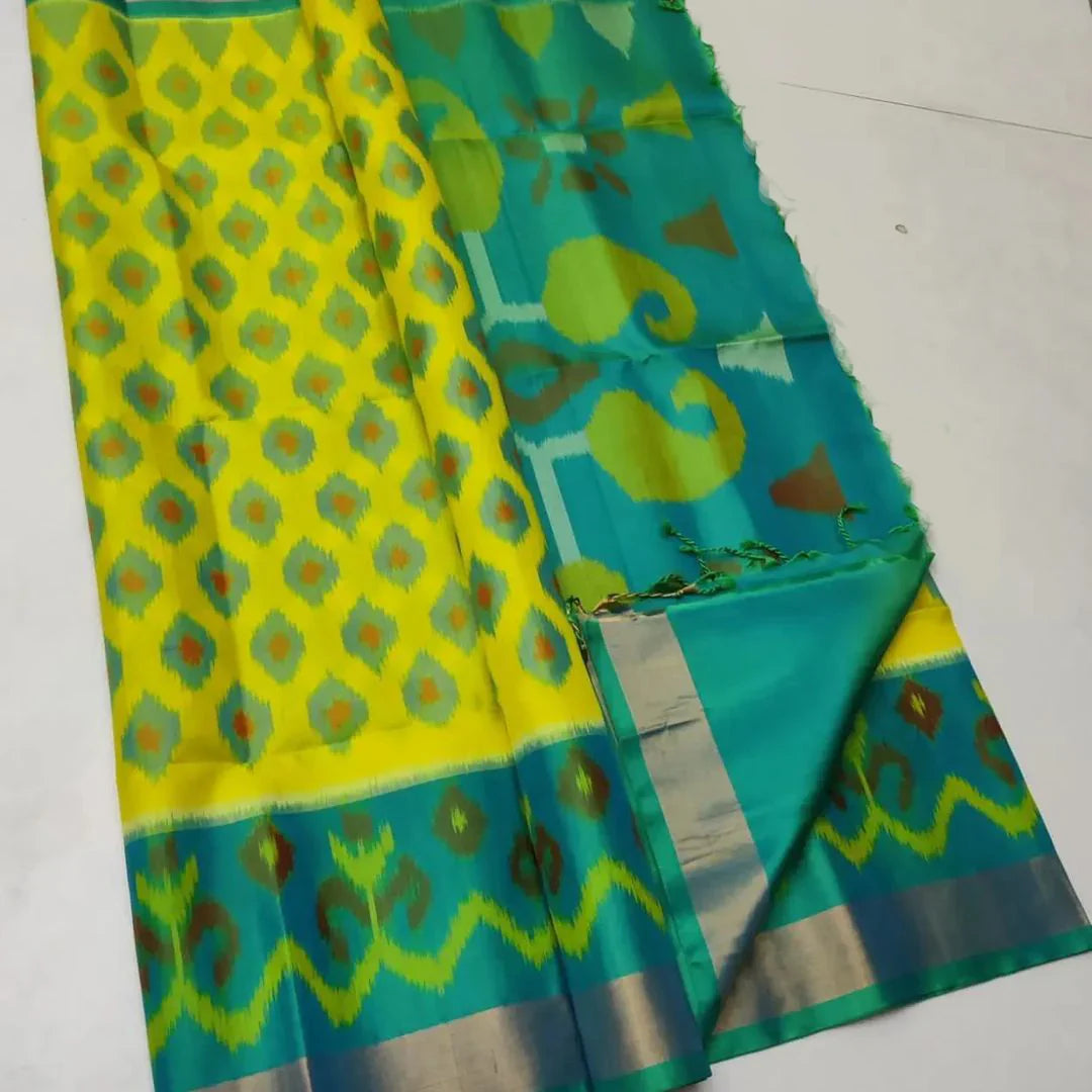 Yellow & Blue ikkat Printed Handloom Soft Silk by Icultuer