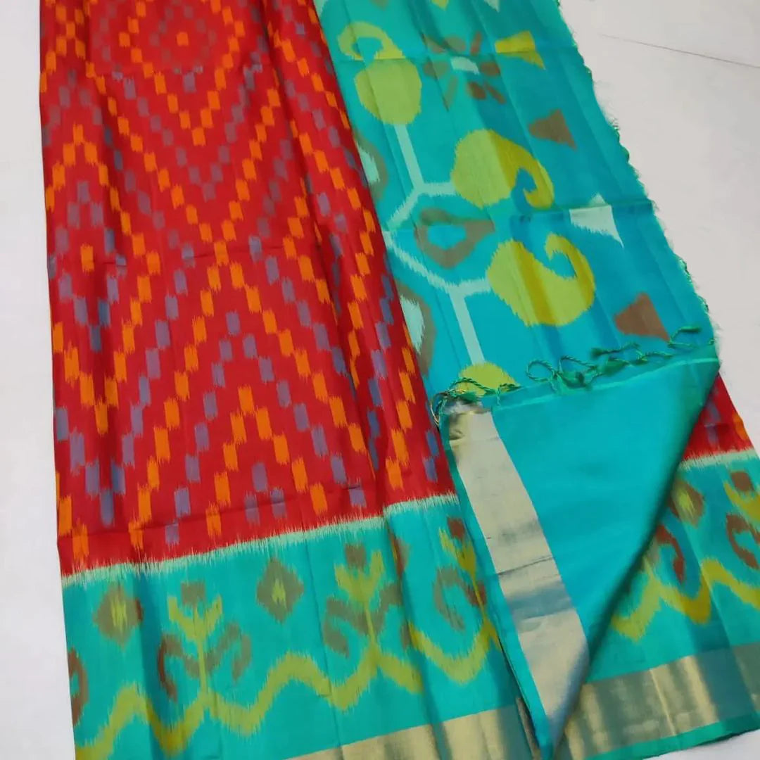 Red & Blue ikkat Printed Handloom Soft Silk by Icultuer