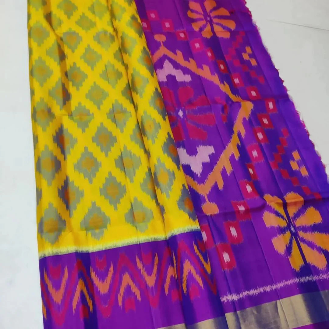 Yellow ikkat Printed Handloom Soft Silk by Icultuer