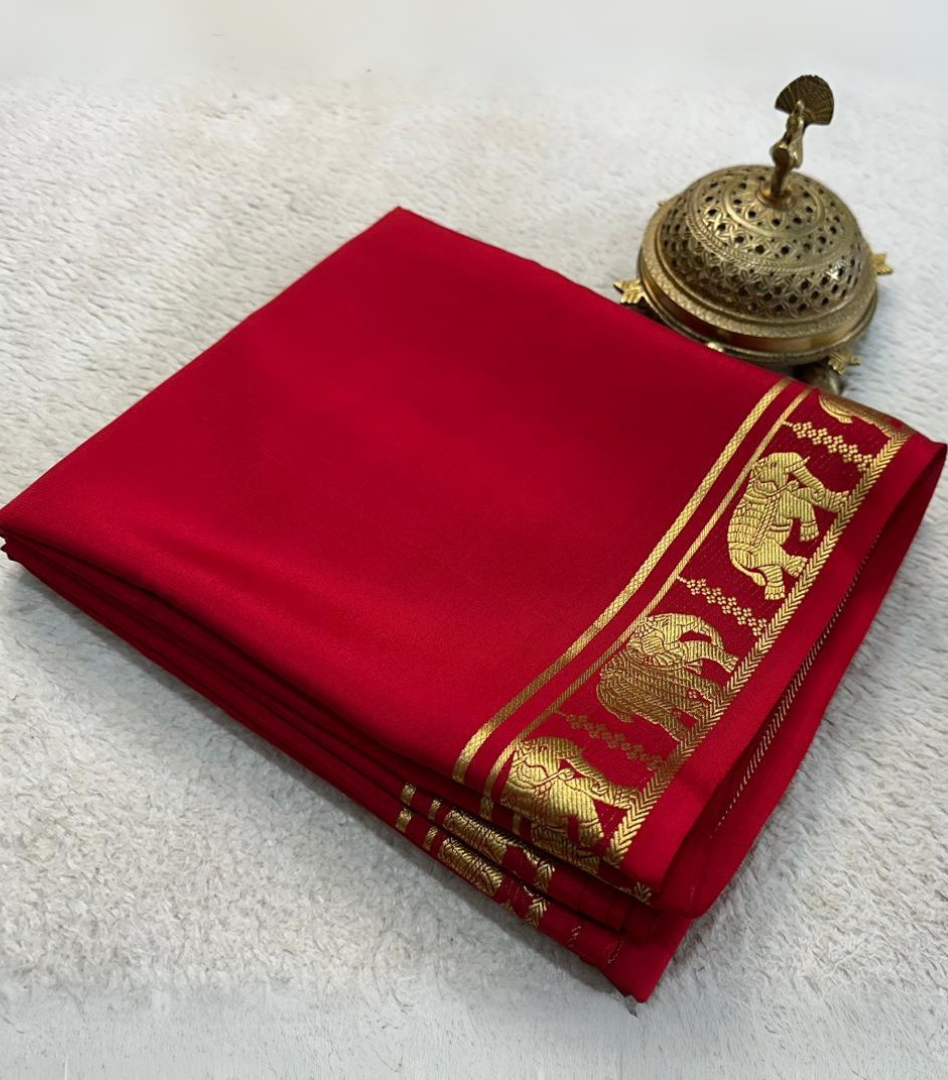 Traditional Red Mysore Silk by Icultuer With Contrast Blouse