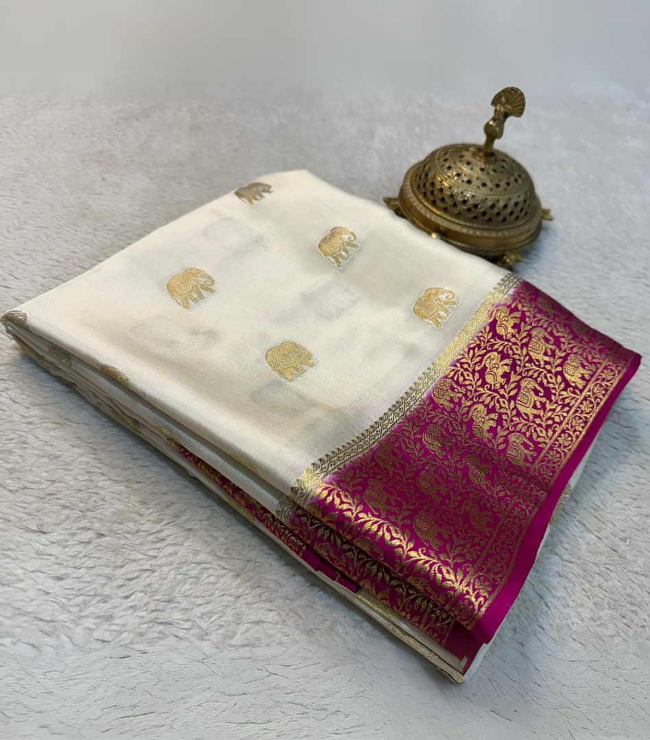 Cream Pure Mysore Silk by Icultuers With Bentex Border Rich Pallu