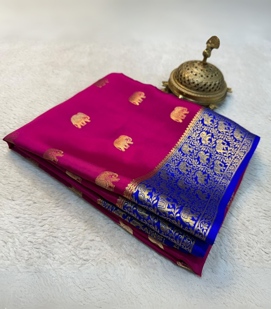 Rani Color Mysore Crape Silk by Icultuer butta with Rich pallu & contrast  blouse
