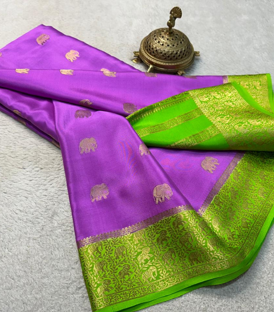 Green With Pink and Crepe Purple Silk by Icultuer with Blouse