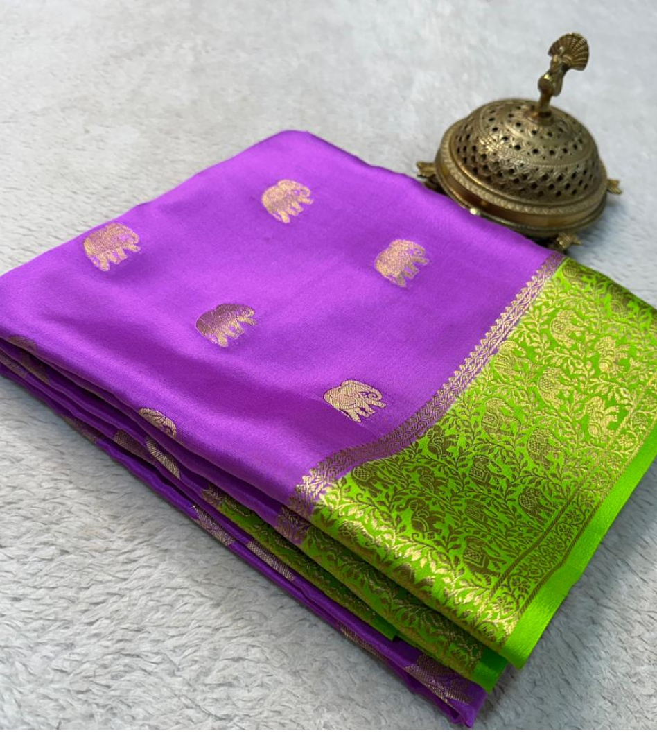 Green With Pink and Crepe Purple Silk by Icultuer with Blouse
