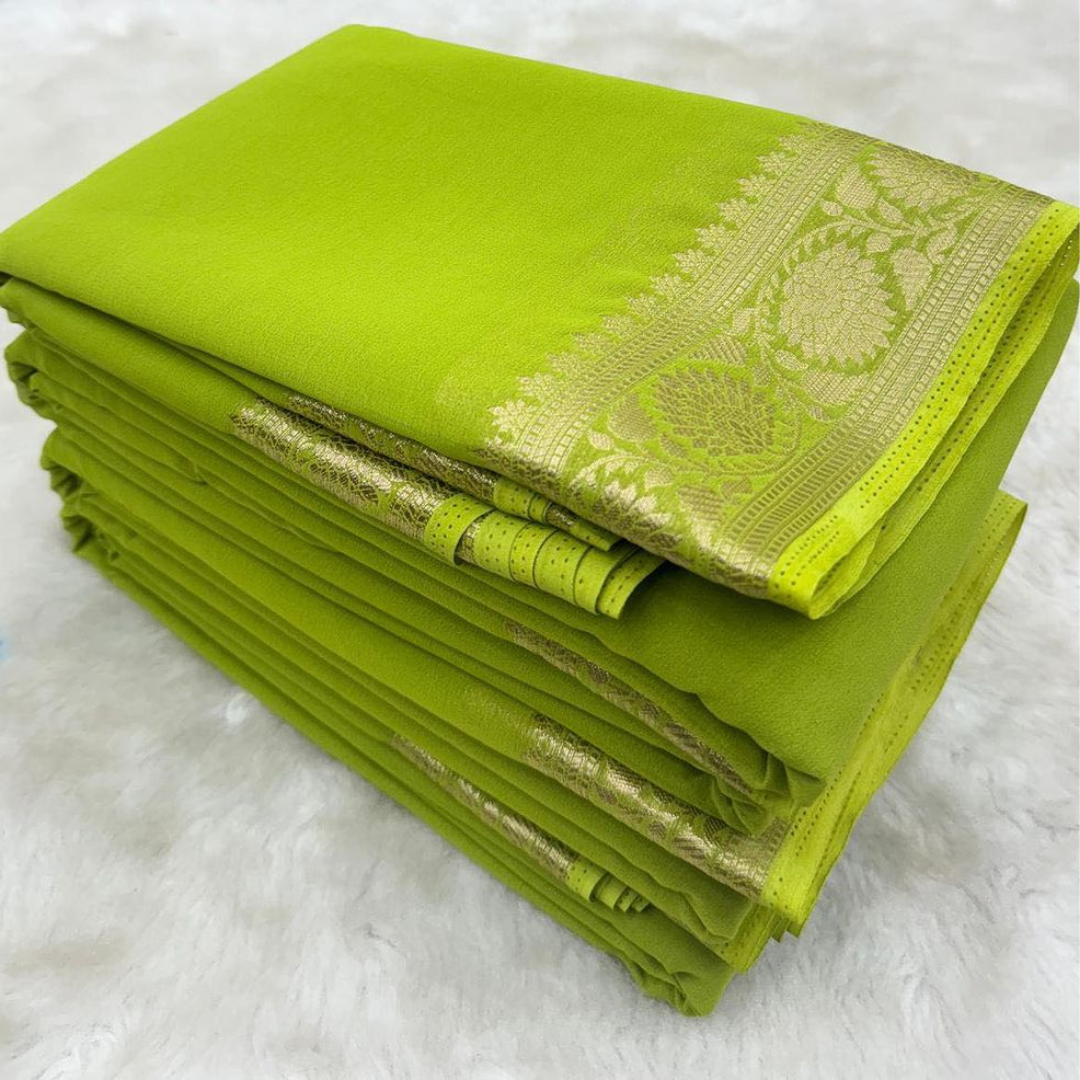 Contrast Zari Border Plain Lime Green Mysore Silk by Icultuer