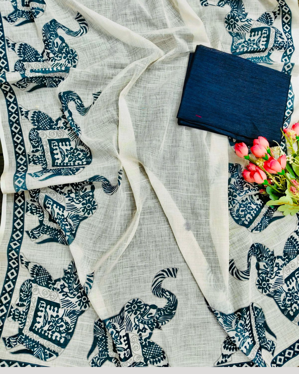 White Linen by Icultuer with Black Border and Elephant Block Prints