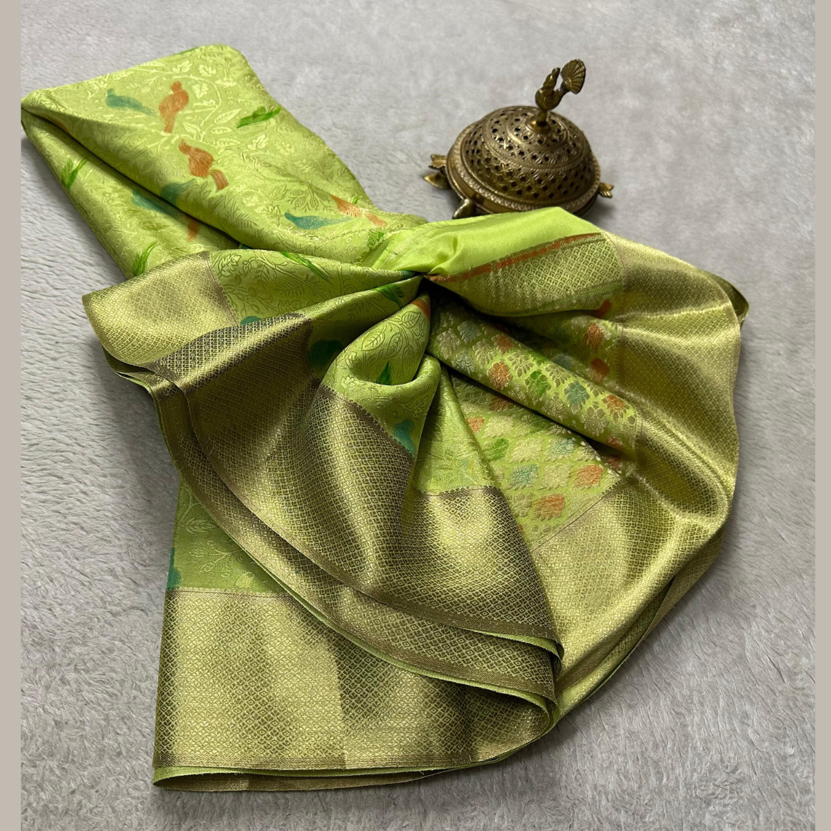Leaf Green Pure Mysore Silk Brocade Silk by Icultuer