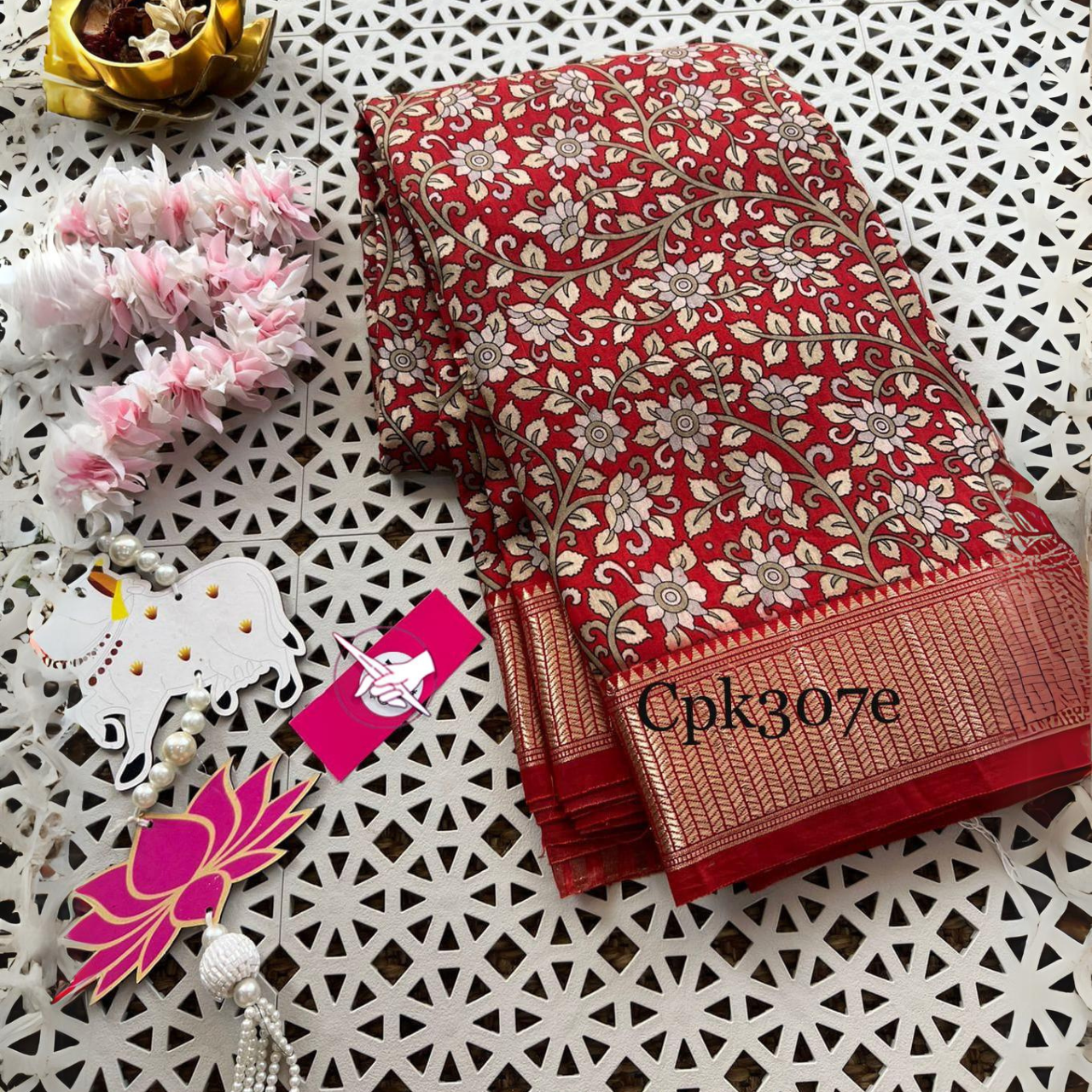 Red Tusser Soft Silk by Icultuers With Zari Border