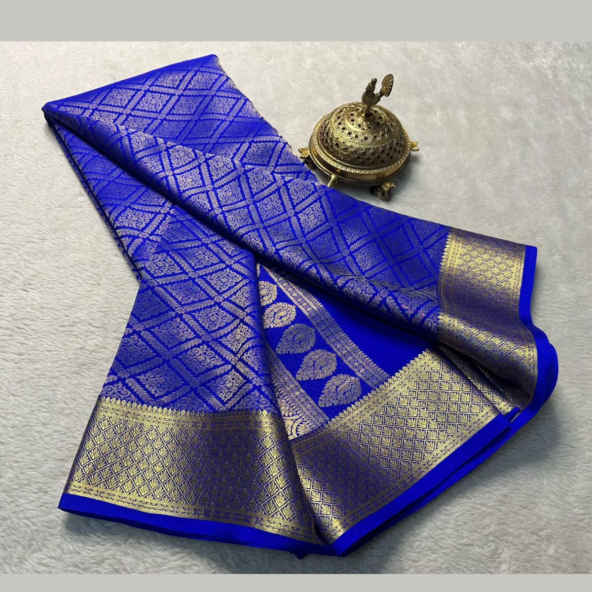 Blue Brocade Silk by Icultuer WIth Contrast Blouse
