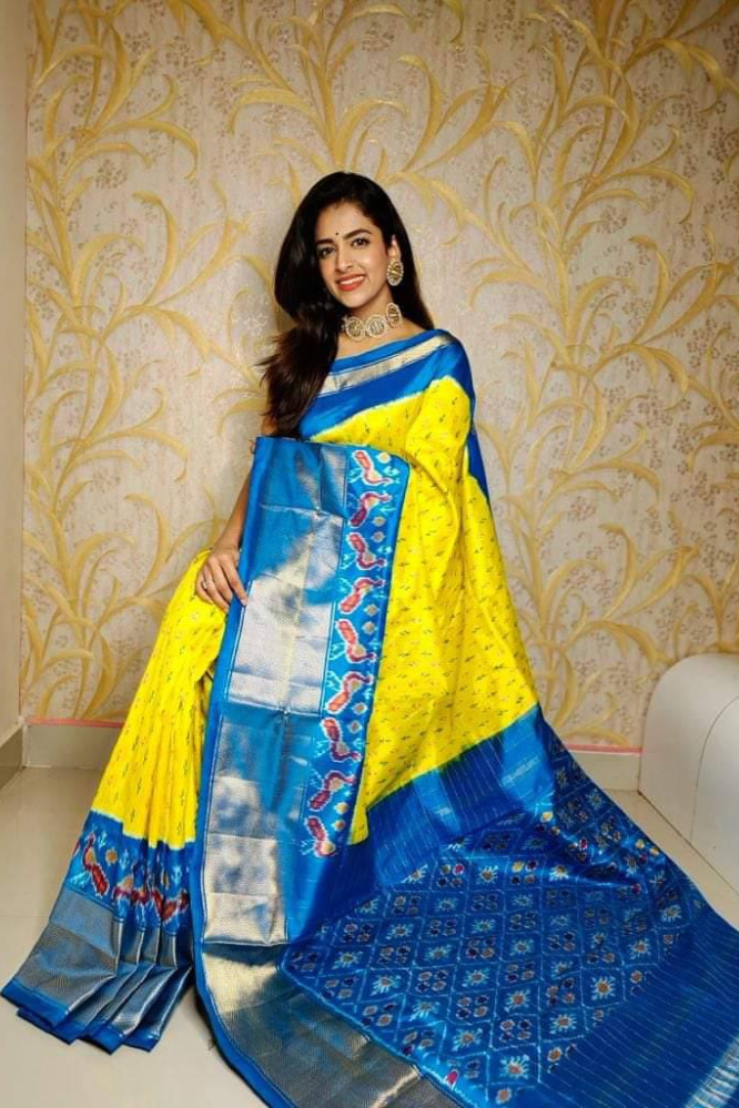 Yellow Handloom Soft Silk ikkat Printed by Icultuer