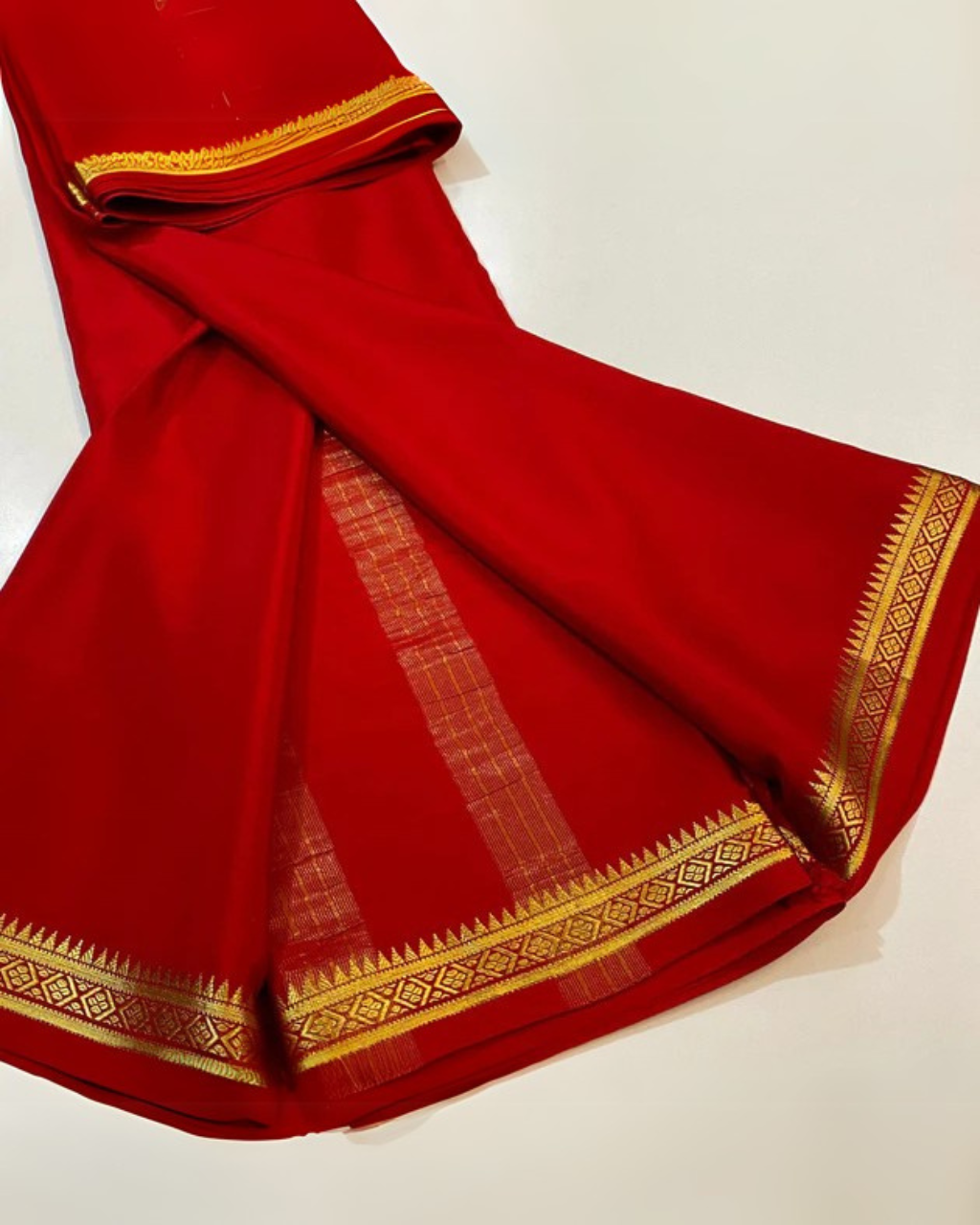Red Mysore semi Silk by Icultuer with zari Border