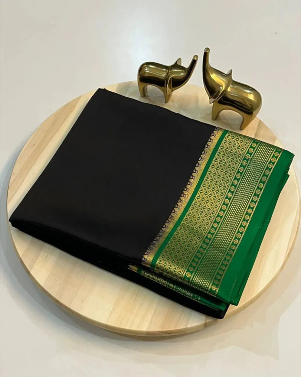 Black and Green Mysore  Silk by Icultuer with Green Border