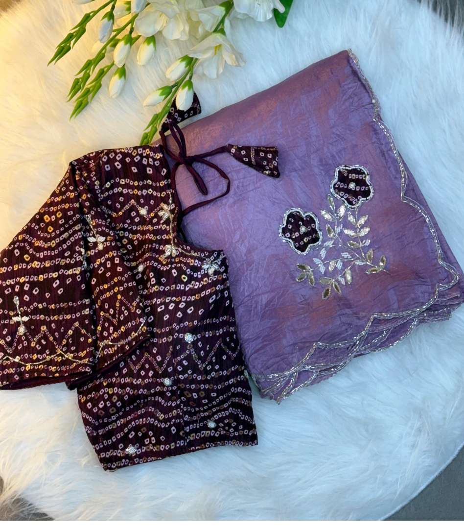 Purple Bandhej by Icultuer with cutdana work with Blouse.