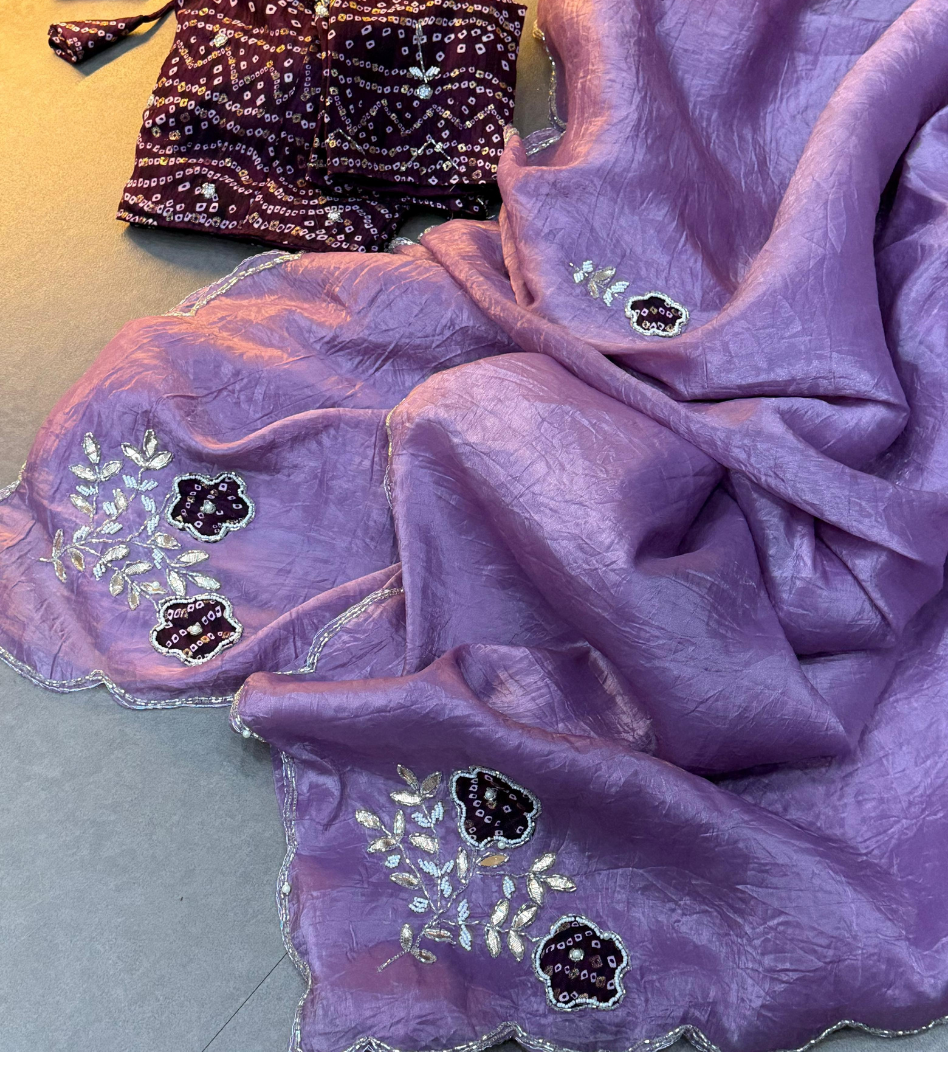 Purple Bandhej by Icultuer with cutdana work with Blouse.