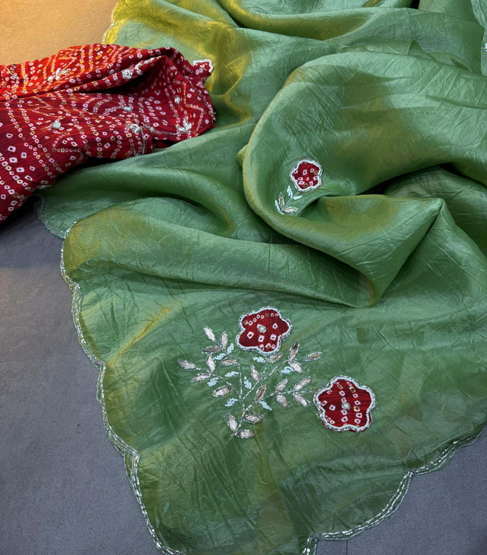 Mehandi colour Bandhej by Icultuer with cutdana work with Blouse.