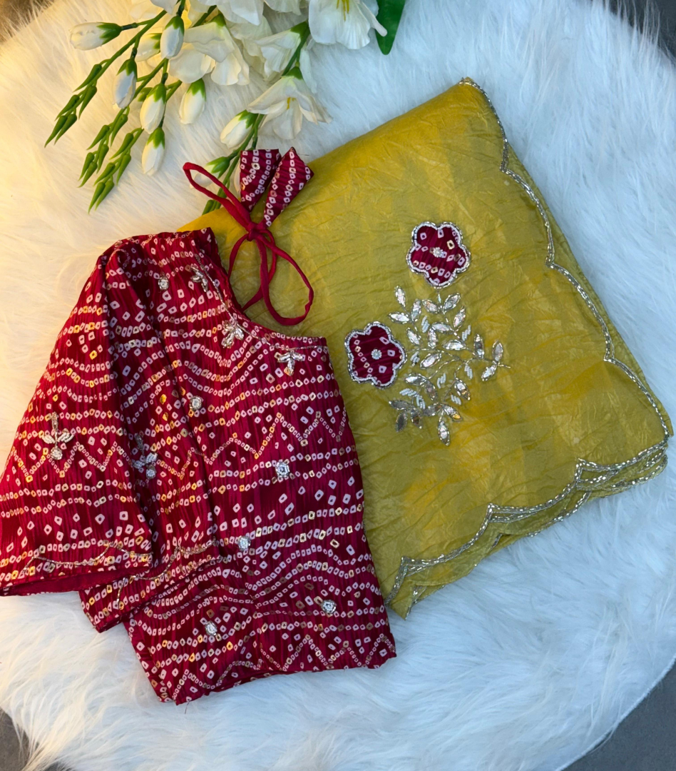 Yellow Bandhej by Icultuer with cutdana work with Blouse.