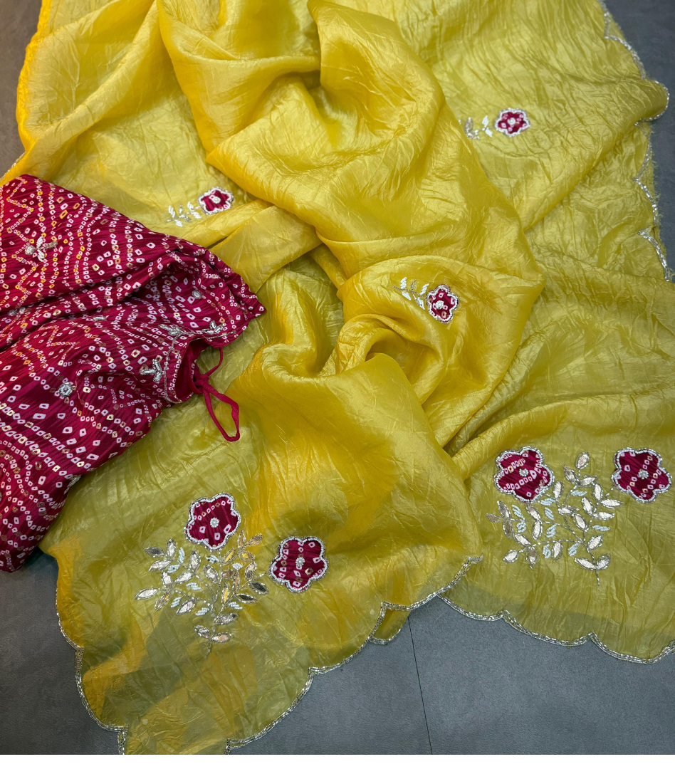 Yellow Bandhej by Icultuer with cutdana work with Blouse.