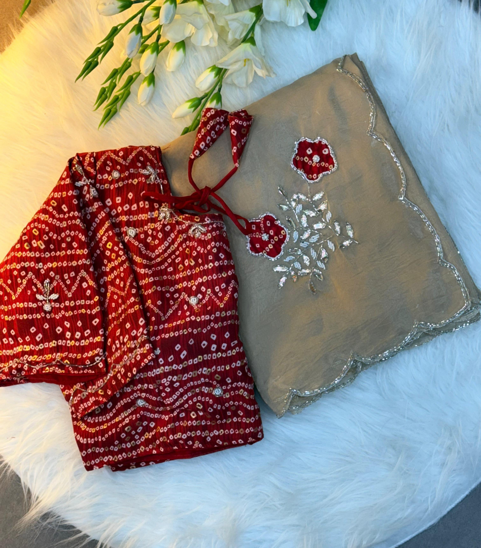 Golden Bandhej by Icultuer with cutdana work with Blouse.