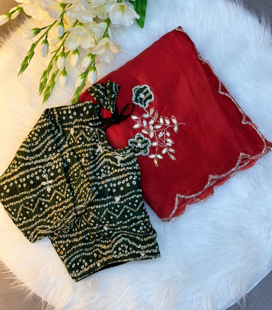 Red Bandhej by Icultuer with cutdana work with Blouse.