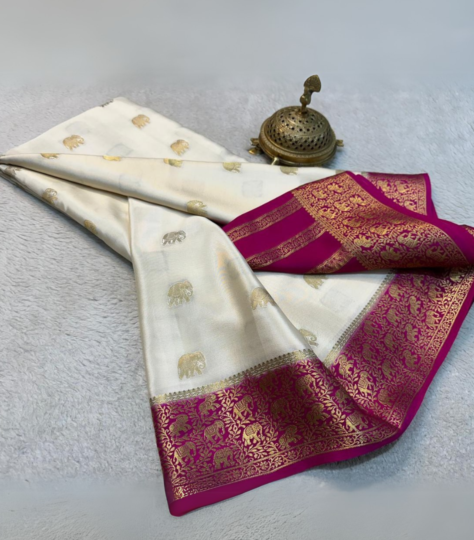 Cream Pure Mysore Silk by Icultuers With Bentex Border Rich Pallu