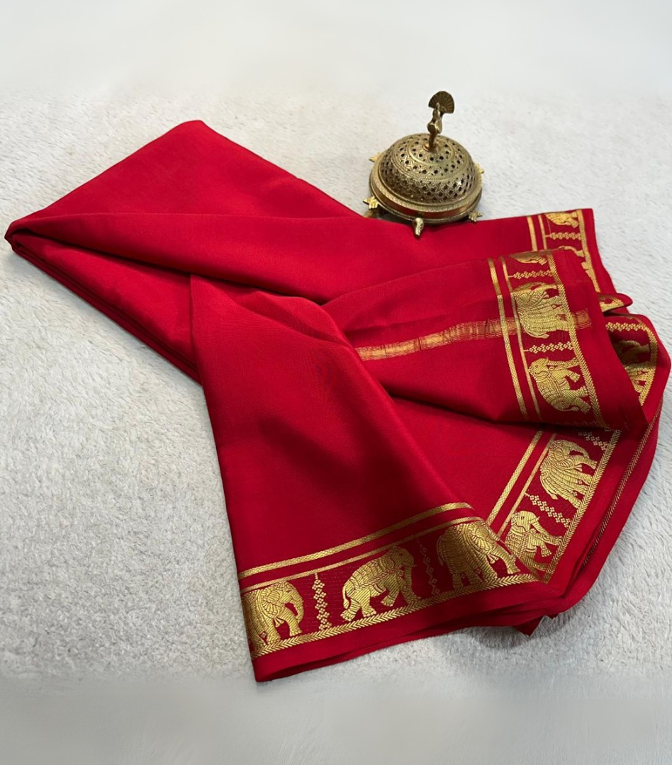 Traditional Red Mysore Silk by Icultuer With Contrast Blouse