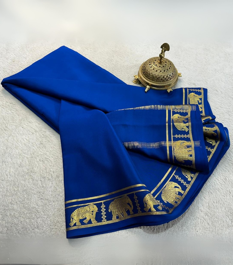 Mysore Silk by Icultuer with Elegant Zari Border Navy Blue