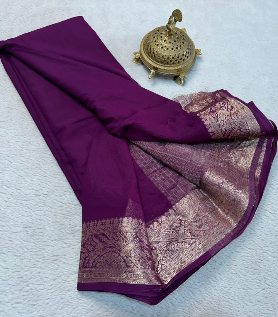 Maroon Pure Crepe Mysore Silk by Icultuer with Unstitched Blouse