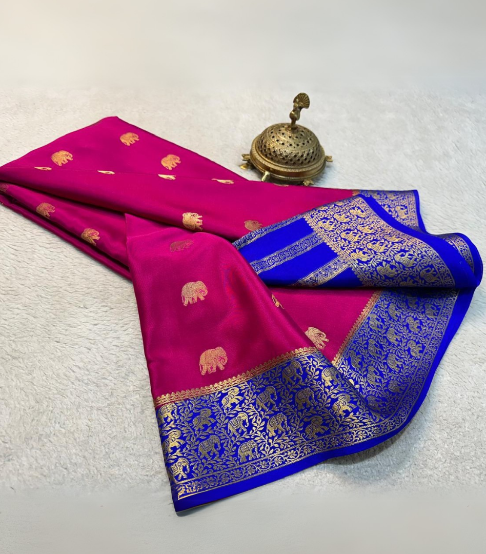 Rani Color Mysore Crape Silk by Icultuer butta with Rich pallu & contrast  blouse