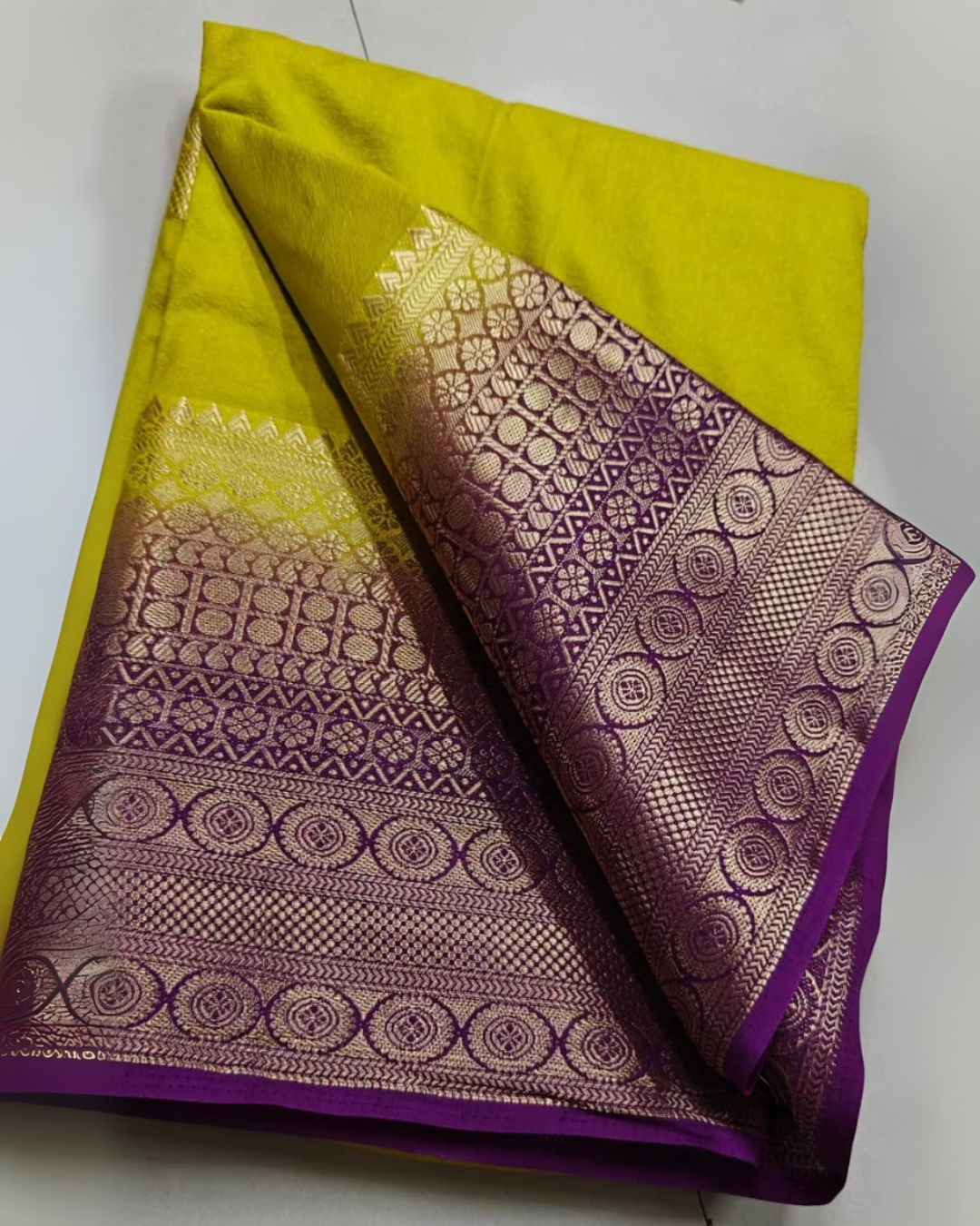 Elegant Party Wear by Icultuer in Mysore Silk with Golden Zari Border