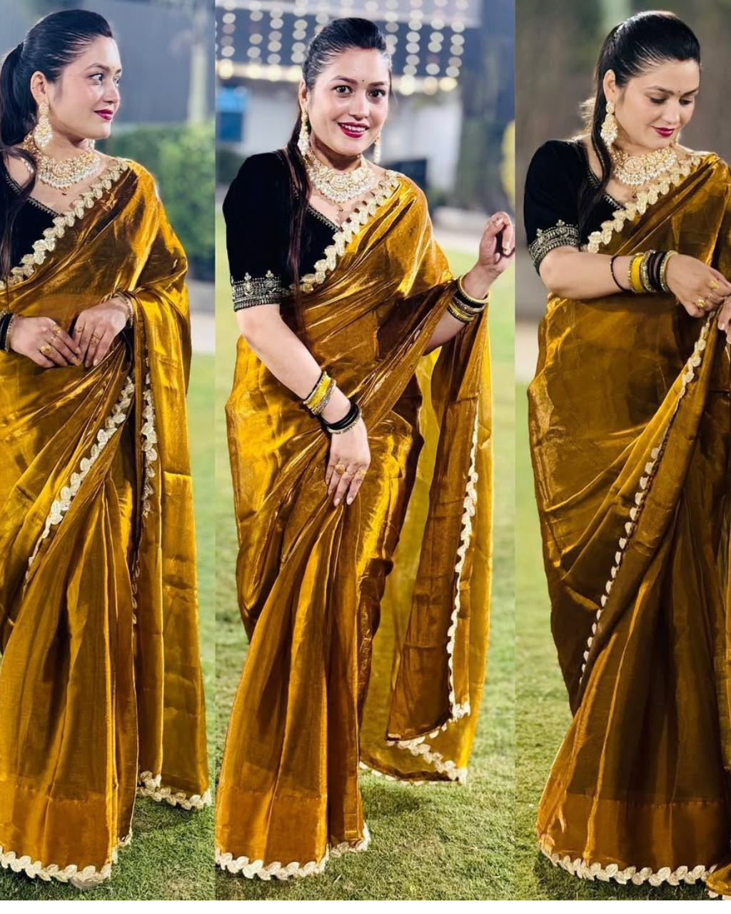 Gold Tissue by Icultuer For Party wear with Velvet Blouse .