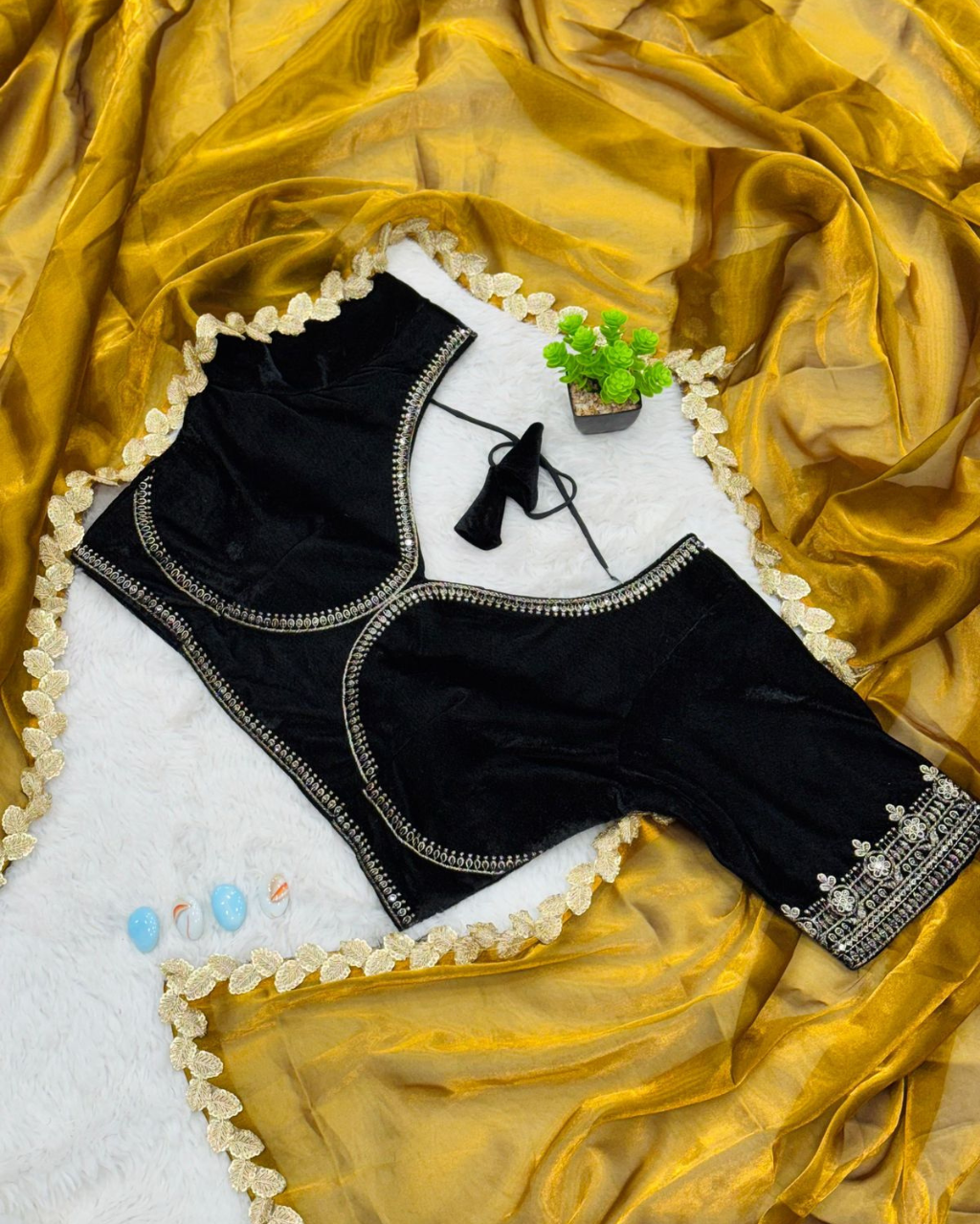 Gold Tissue by Icultuer For Party wear with Velvet Blouse .