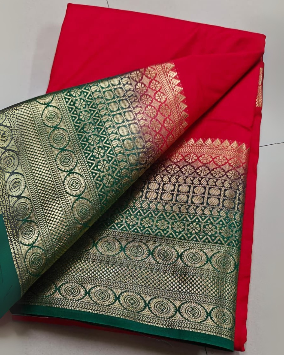 Red Bridal Look Mysore by Icultuer with Golden Silk Weaving