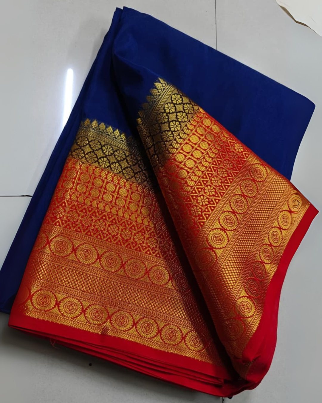 Blue Premium Mysore Silk by Icultuer with Rich Red Golden Zari