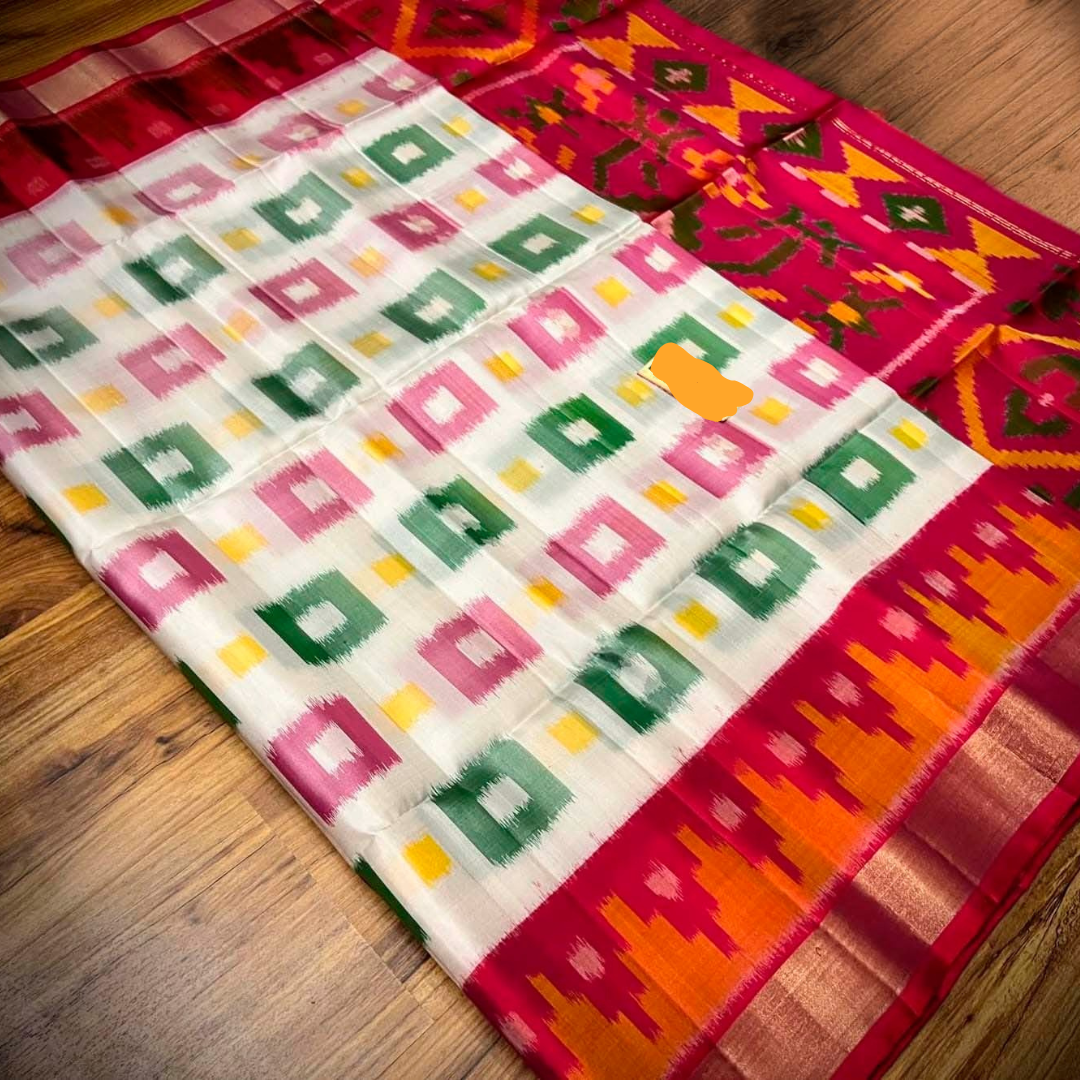 White and Red Colour Rich elegant Ikkath Silk Handloom by Icultuer