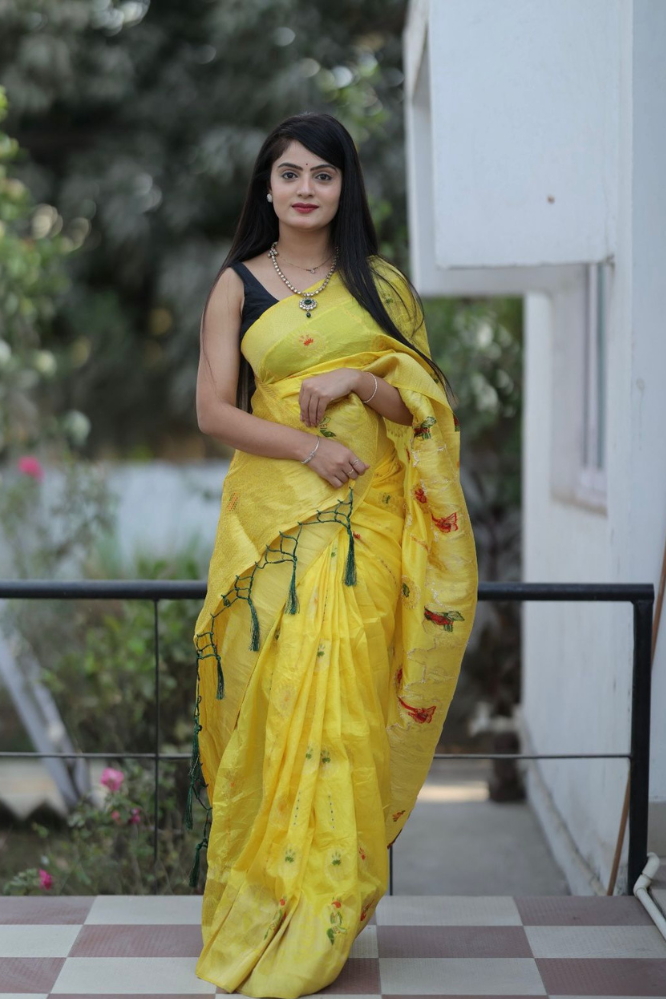 Yellow colour Soft silk by Icultuer with Blouse .