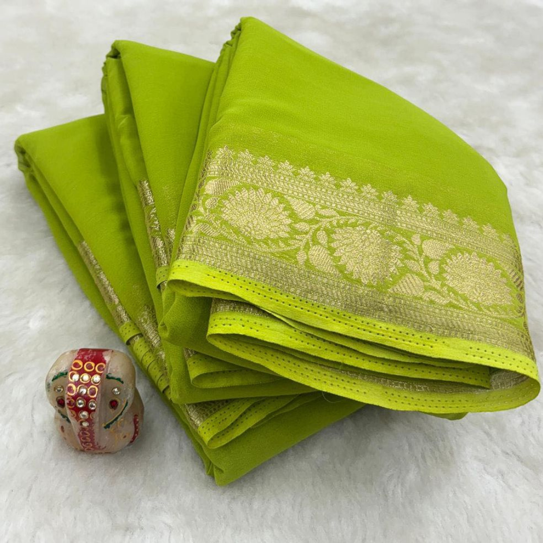 Contrast Zari Border Plain Lime Green Mysore Silk by Icultuer