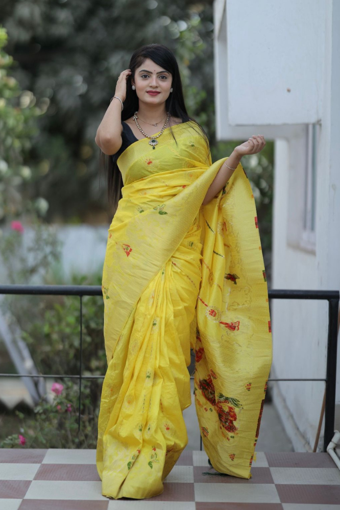 Yellow colour Soft silk by Icultuer with Blouse .