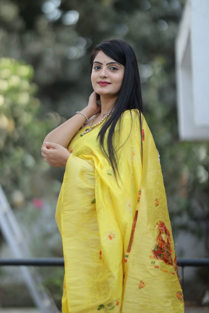 Yellow colour Soft silk by Icultuer with Blouse .