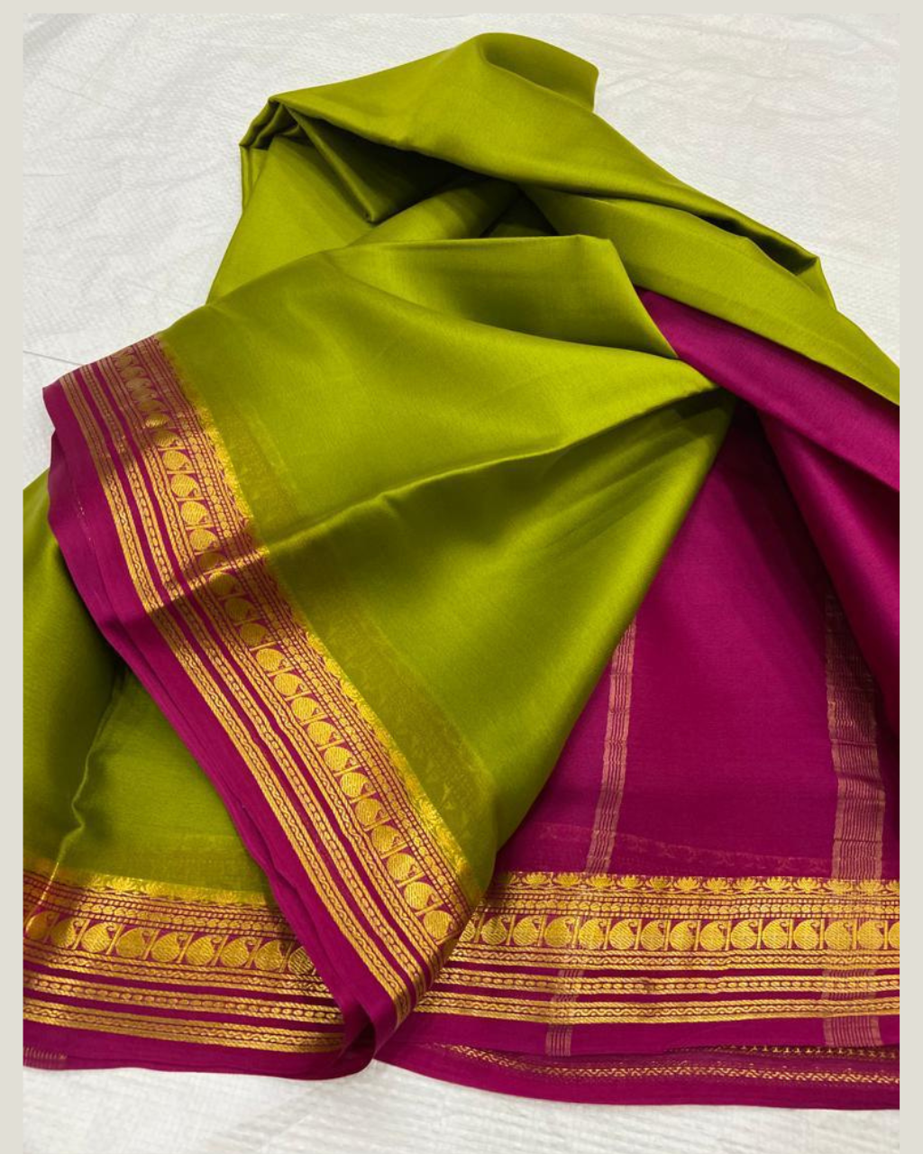 Green & Pink Mysore Crepe Silk by Icultuer for Wedding