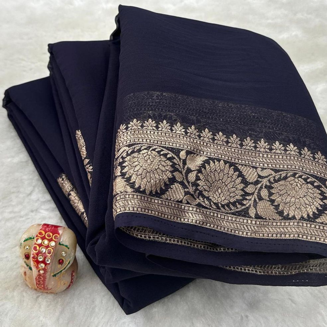 Black Mysore Silk by Icultuer with Zari Border.