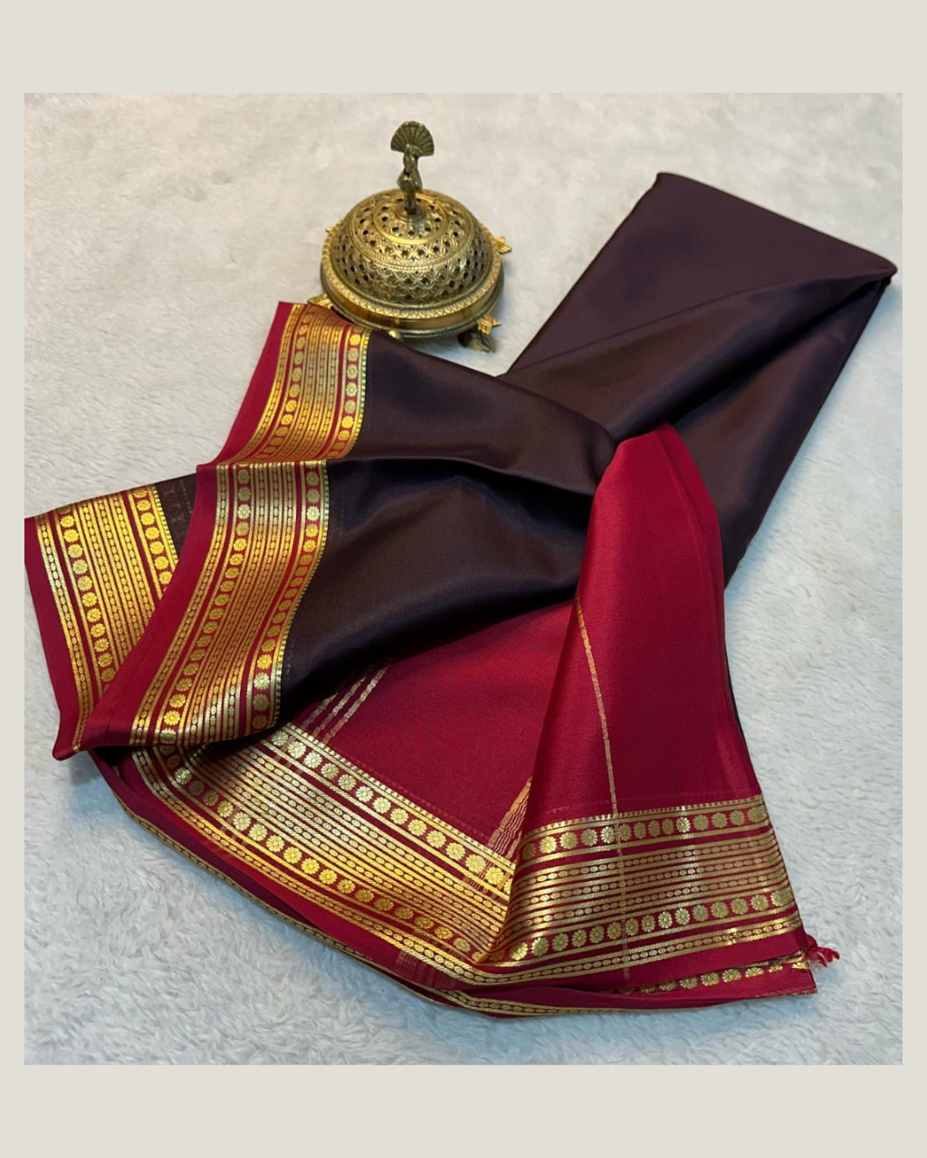 Red and Brown Mysore Crepe Silk by Icultuer with Contrast Blouse