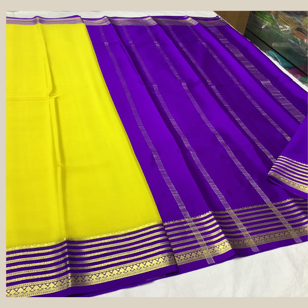 Yellow and Blue Colour Semi Mysore Silk by Icultuer