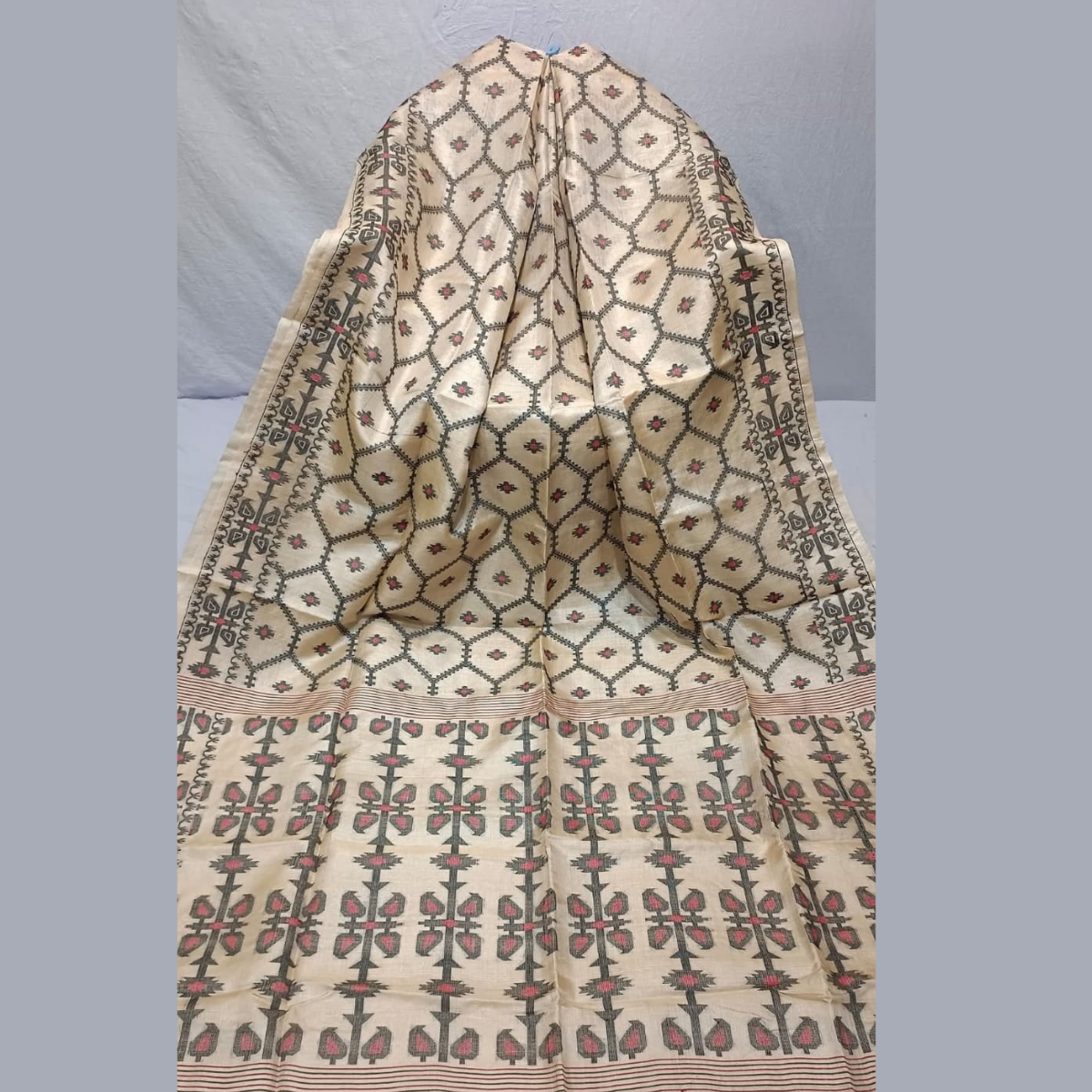 Handwoven Kanchipuram Silk by Icultuer in Beige with Red Accents
