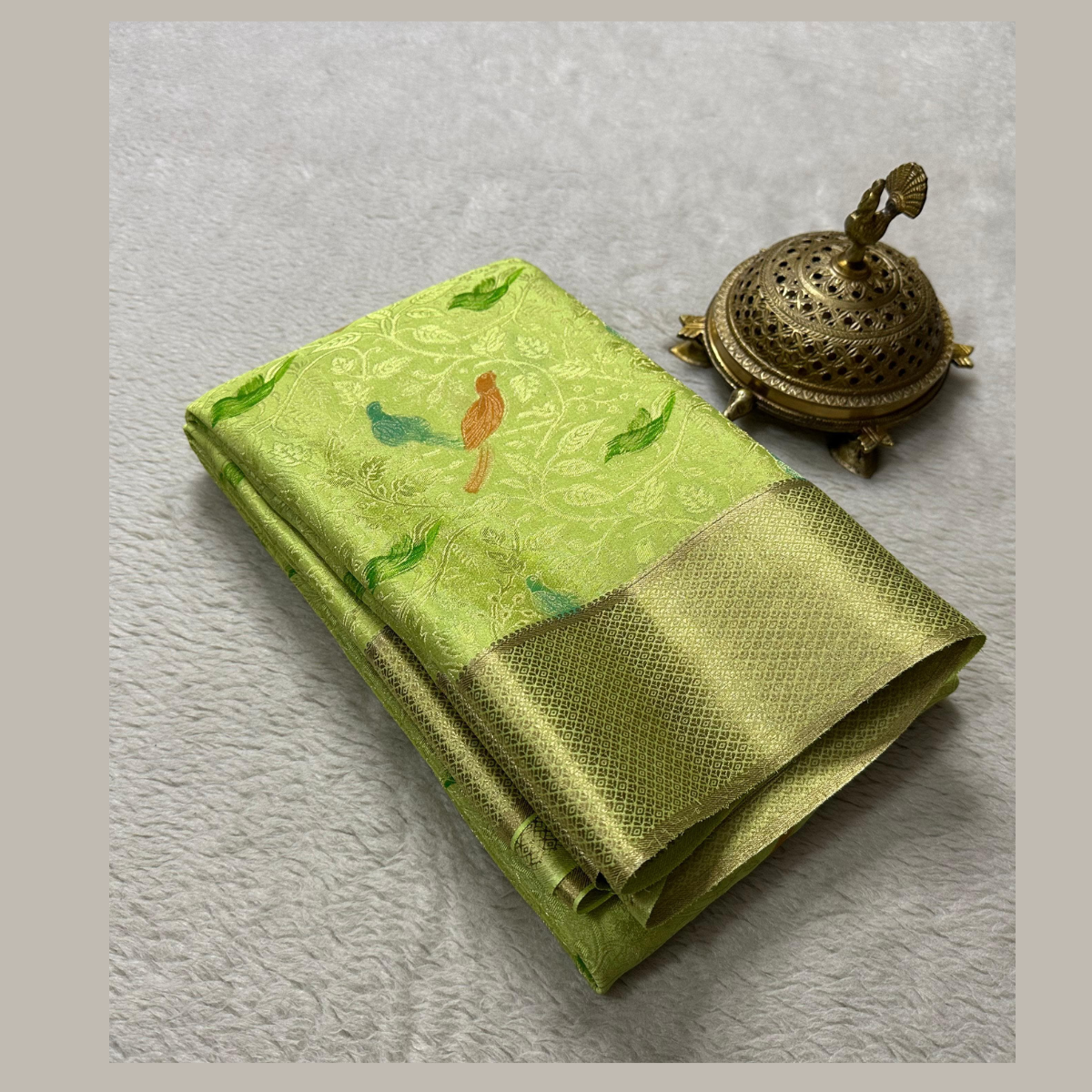 Leaf Green Pure Mysore Silk Brocade Silk by Icultuer
