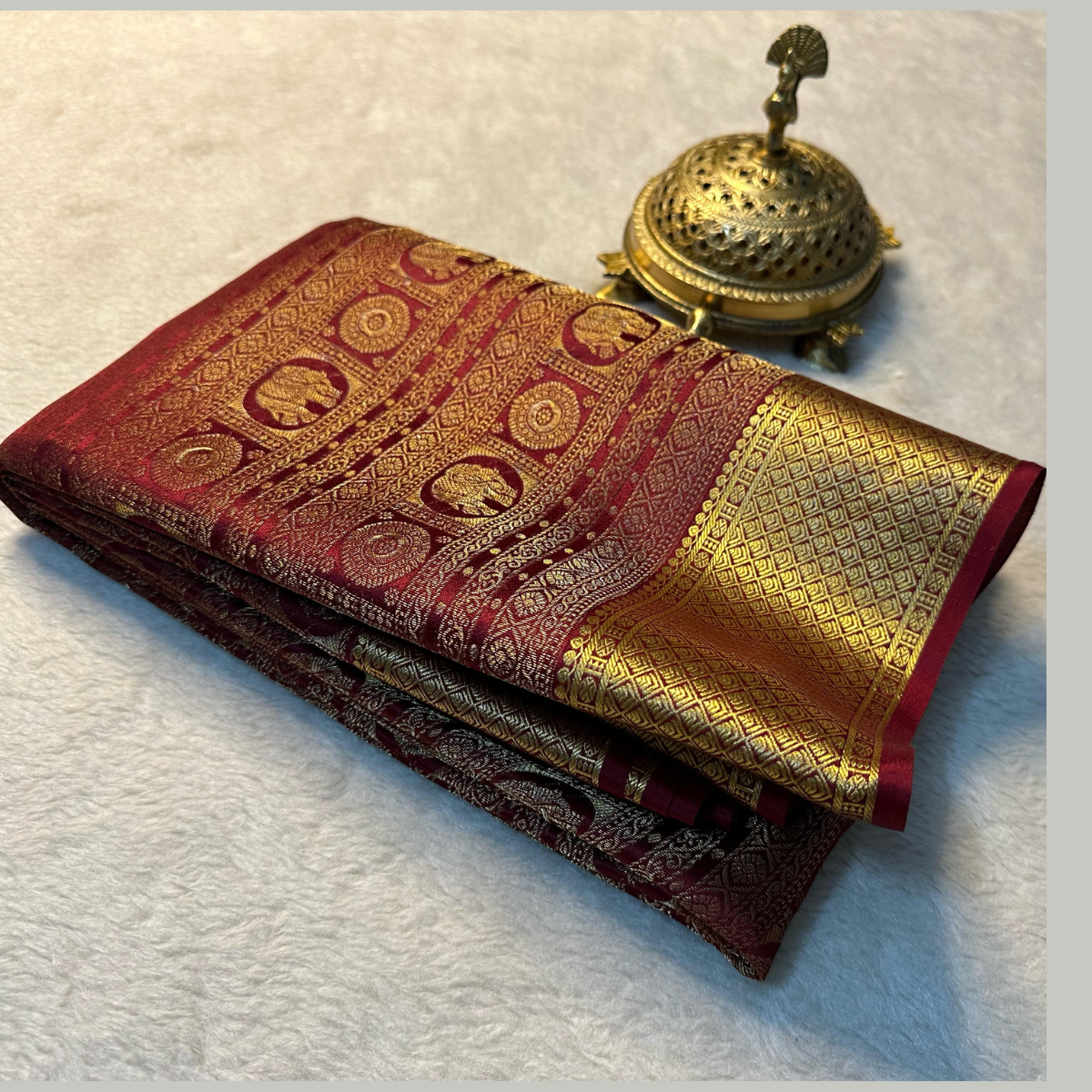 Red Pure Brocade Mysore Silk by Icultuers, Zari Weaving Blouse.