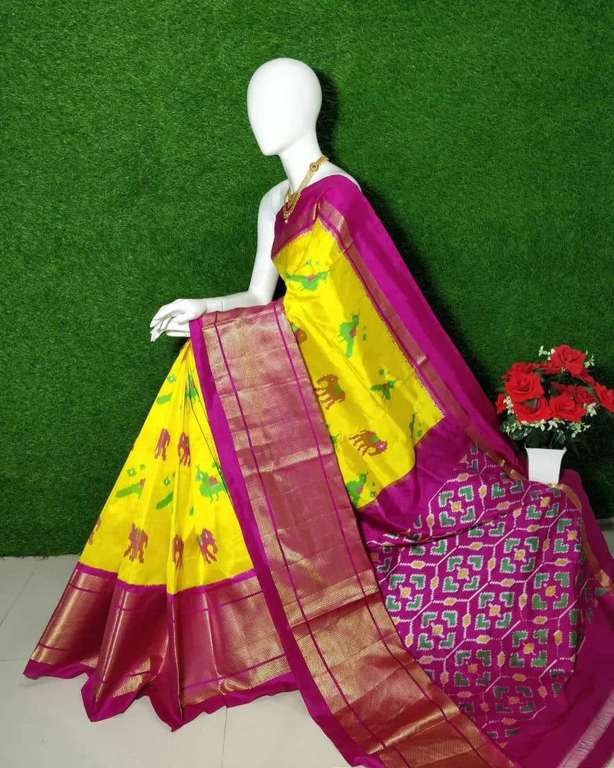Yellow Pochampalli Printed Handloom Soft Silk by Icultuer
