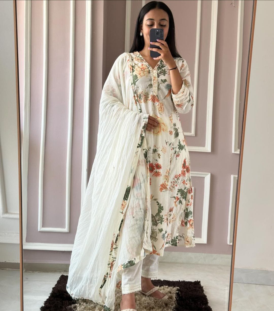 Off White Cotton Hand Block Printed Suit set wit Dupatta.