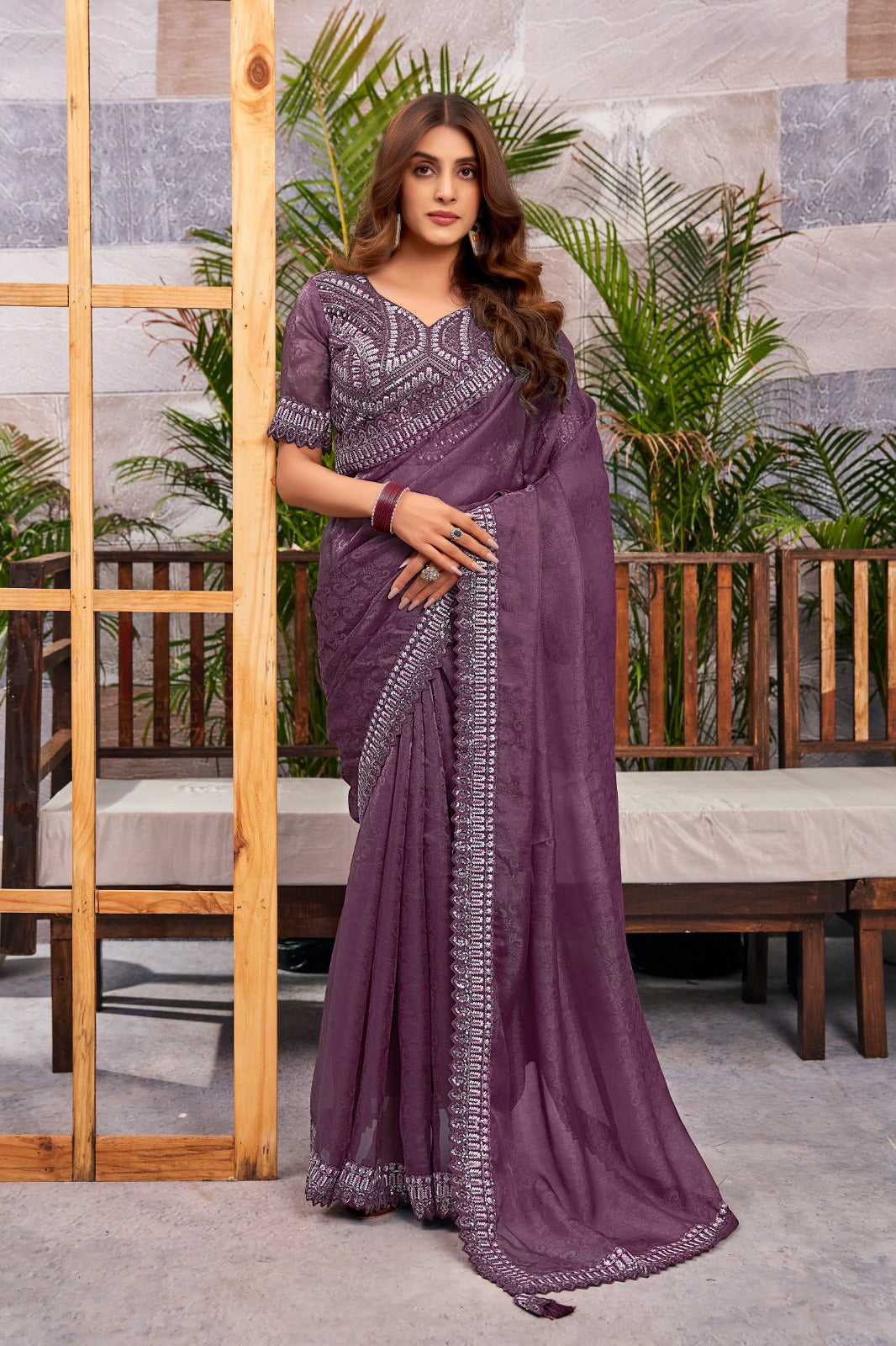 Wine Color Fancy Heavy work Party Wear by Icultuer With Stitched Blouse