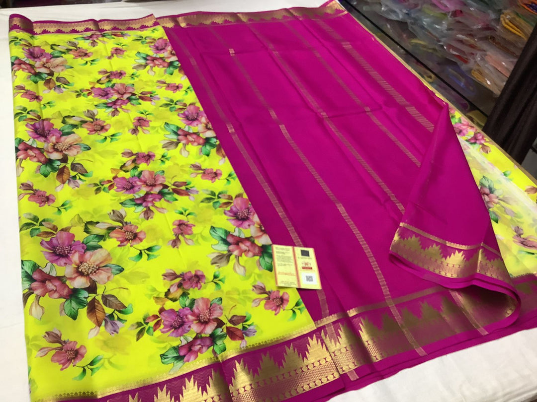 Purple & green printed pure mysore crepe silk by Icultuer
